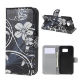 Gigapack Samsung Galaxy S6 (SM-G920) tok álló, bőr hatású (flip, asztali tartó funkció, fehér virág minta) fekete