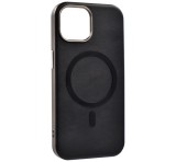 Gigapack Szilikon telefonvédő (ECO bőr hatású hátlap, karcolásmentesítő belső, fém kameravédő, MagSafe, prémium) FEKETE Apple iPhone 13