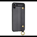 Gigapack Szilikon telefonvédő (közepesen ütésálló, bőr hatású, varrás minta, kézpánt) FEKETE [Apple iPhone XS Max 6.5] (5996457812325) - Telefontok