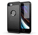 Gigapack Szilikon telefonvédő (közepesen ütésálló, légpárnás sarok, szálcsiszolt, karbon minta, logó kivágás) FEKETE Apple iPhone 7 4.7, Apple iPhone 8 4.7