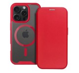 Gigapack Tok álló, bőr hatású (FLIP, oldalra nyíló, kártyazseb, kameravédő, mágneses, átlátszó matt hátlap, MagSafe) PIROS Apple iPhone 16 Pro Max