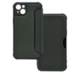 Gigapack Tok álló, bőr hatású (FLIP, oldalra nyíló, légpárnás sarok, kamera védelem, karbon minta) SÖTÉTZÖLD Apple iPhone 14 Plus