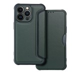 Gigapack Tok álló, bőr hatású (FLIP, oldalra nyíló, légpárnás sarok, kamera védelem, karbon minta) SÖTÉTZÖLD Apple iPhone 14 Pro