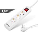Globiz Elosztó 3-as - 3 x 1,5 mm - 1,5 m - 2 x USB-vel - kapcsolós