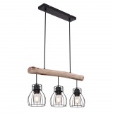 GLOBO 15326-3N MINA Függeszték fém fekete drótháló búrával, natúr fa betéttel. LxBxH:600x136x2090, exkl. 3xE27 40W 230V