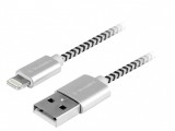 Gogen Lightning USB kábel 1m, textil borítás, ezüstös szín Adat és töltő csatlakozó Lightning kábel, USB 2.0 A - Lightning villa, fémes konnektorok