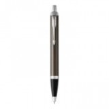 Golyóstoll, nyomógombos, ezüst színű klip, sötétbarna tolltest, PARKER, "Royal IM", kék