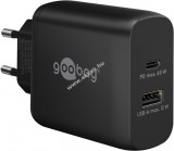 Goobay Hálózati USB-C gyorstöltő, 45W, Power Delivery, 1db USB-C, 1db USB-A port, fekete