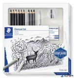 Grafit- és szénceruza készlet, kiegészítőkkel, 12 darabos, STAEDTLER "Mars® Lumograph® 100C"