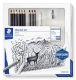 Grafit- és szénceruza készlet, kiegészítőkkel, 12 darabos, STAEDTLER Mars&reg; Lumograph&reg; 100C (TS61100C)