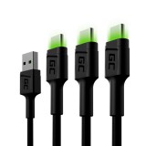 Green Cell Szett, 3x GC Ray USB-C 200 cm-es USB kábel zöld LED háttérvilágítással, Ultra Charge, QC 3.0 gyorstöltéssel KABGCSET03