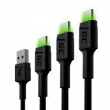 Green Cell Szett, 3x GC Ray USB-C 30cm, 120cm, 200cm USB kábel zöld LED háttérvilágítással, Ultra Charge, QC 3.0 gyorstöltéssel KABGCSET01