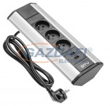 GTV LIGHTING GTV AE-PBKT3S2U-80 Sarok elosztó 2 aljzat, 2xUSB, AC220-240V, 3600W, IP20, 16A, 1,5m, SCHUKO, ezüst