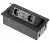 GTV LIGHTING GTV AE-PBSUC2GS-20N Süllyeszthető elosztó 2x SCHUKO aljzat, 2xUSB, 2,1A, AC220-240V, max 3600W, IP20, 1,5m, fekete