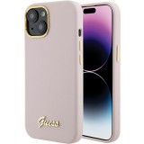 Guess GUHCP15SSMBSLP iPhone 15 6.1" rózsaszín keménytok szilikon írás fém logó és keret