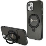 Guess GUHMP15MHRSGSK iPhone 15 Plus 6.7" fekete keménytok gyűrűs állvány Script Glitter MagSafe