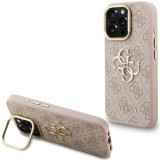 Guess PU 4G Metal Logo Apple iPhone 15 Pro hátlap tok kitámasztható kamera peremmel, rózsaszín-arany
