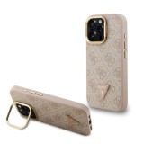 Guess PU 4G Strass Triangle Logo Stand Camera Frame MagSafe tok iPhone 15 Pro készülékhez rózsaszín
