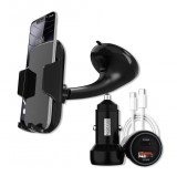 HADRON autós mobiltelefon tartó, 4”-7”-os készülékekhez, 60W-os 2xUSB szivargyújtó gyorstöltő és USB-C kábel