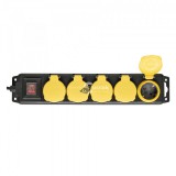 Hálózati elosztó, kapcsolós, 5 aljzat, 1,5 m, IP44, fekete