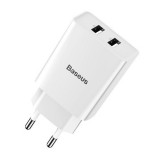 Hálózati töltő adapter, 10.5W, 2 x USB aljzat, gyorstöltés, Baseus Speed Mini Dual, fehér (RS114314) - Töltők