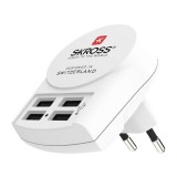 Hálózati töltő adapter, 24W, 4 x USB aljzat, SKRoss, fehér