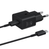 Hálózati töltő adapter, 25W, USB Type-C aljzat, USB Type-C - USB Type-C kábellel, PD, PDO / PPS, GaN, gyorstöltés, Samsung, fekete, gyári