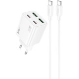 Hálózati töltő adapter, 30W, 2 x USB aljzat, 2 x USB Type-C aljzat, USB Type-C - USB Type-C kábellel, gyorstöltés, PD, GaN, QC 3.0, Hoco N56 Fundador, fehér