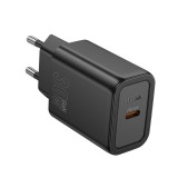 Hálózati töltőfej, adapter, USB-C (Type-C) port, gyorstöltő, PD QC 30W, fekete, Hoco N62