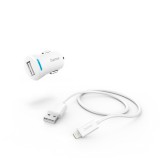 HAMA 201610, FIC E3 AUTÓS TÖLTŐ SZETT (2,4A) LIGHTNING - USB ADATKÁBELLEL, FEHÉR
