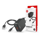 HAMA hálózati töltő adapter USB bemenettel + USB - Type-C kábel - 19.5W - HAMA  Charger Kit with USB-C QC3.0 - fekete