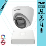 Hikvision 1 turret kamerás analóg megfigyelőrendszer 2MP biztonsági kamera, IR megvilágítás 40 m, fehér fény 20 m, beépített mikrofon, kültéri