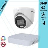 Hikvision 1 turret kamerás analóg megfigyelőrendszer 8 MP biztonsági kamera, 3.6 mm fix objektív, hibrid fény 40m, kültéri