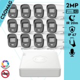 Hikvision 12 cső kamerás analóg megfigyelőrendszer 2MP biztonsági kamera, ColorVu Dual-light látható fény 20m, beépített mikrofonnal, kültéri