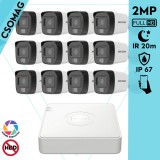 Hikvision 12 cső kamerás analóg megfigyelőrendszer 2MP biztonsági kamera, IR megvilágítás 20 m, fehér fény 20 m, kültéri