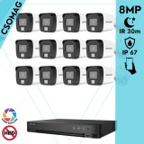 Hikvision 12 cső kamerás analóg megfigyelőrendszer 8 MP biztonsági kamera, 3.6 mm fix objektív, hibrid fény 30 m, fém ház, kültéri