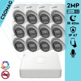 Hikvision 12 turret kamerás analóg megfigyelőrendszer 2MP biztonsági kamera, IR megvilágítás 40 m, fehér fény 20 m, beépített mikrofon, kültéri