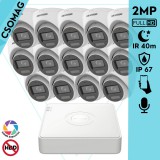 Hikvision 14 turret kamerás analóg megfigyelőrendszer 2MP biztonsági kamera, IR megvilágítás 40 m, fehér fény 20 m, beépített mikrofon, kültéri
