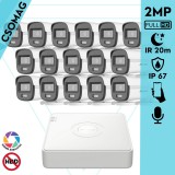 Hikvision 16 cső kamerás analóg megfigyelőrendszer 2MP biztonsági kamera, ColorVu Dual-light látható fény 20m, beépített mikrofonnal, kültéri