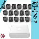 Hikvision 16 cső kamerás analóg megfigyelőrendszer 2MP biztonsági kamera, IR 25m, beltéri és kültéri