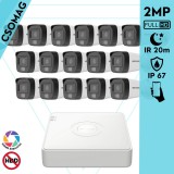 Hikvision 16 cső kamerás analóg megfigyelőrendszer 2MP biztonsági kamera, IR megvilágítás 20 m, fehér fény 20 m, kültéri