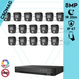 Hikvision 16 cső kamerás analóg megfigyelőrendszer 8 MP biztonsági kamera, 3.6 mm fix objektív, hibrid fény 30 m, fém ház, kültéri