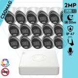 Hikvision 16 turret kamerás analóg megfigyelőrendszer 2MP biztonsági kamera, ColorVu Dual-light látható fény 20m, beépített mikrofonnal, kültéri
