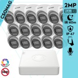 Hikvision 16 turret kamerás analóg megfigyelőrendszer 2MP biztonsági kamera, IR megvilágítás 40 m, fehér fény 20 m, beépített mikrofon, kültéri