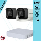 Hikvision 2 cső kamerás analóg megfigyelőrendszer 8 MP biztonsági kamera, 2.8 mm fix objektív, IR led 30 m, IP67, fém ház, kültéri
