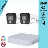 Hikvision 2 cső kamerás analóg megfigyelőrendszer 8 MP biztonsági kamera, 3.6 mm fix objektív, hibrid fény 30 m, fém ház, kültéri