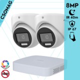 Hikvision 2 turret kamerás analóg megfigyelőrendszer 8 MP biztonsági kamera, 3.6 mm fix objektív, hibrid fény 40m, kültéri