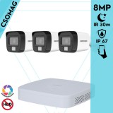Hikvision 3 cső kamerás analóg megfigyelőrendszer 8 MP biztonsági kamera, 3.6 mm fix objektív, hibrid fény 30 m, fém ház, kültéri