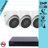 Hikvision 3 turret kamerás IP megfigyelőrendszer 2MP HD turret biztonsági kamera, 2.8 mm-es fix objektívvel, PoE, beépített mikrofonnal, IR LED 30m, kültéri, fém ház