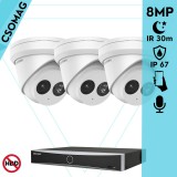 Hikvision 3 turret kamerás IP megfigyelőrendszer 8MP turret biztonsági kamera, 2.8 mm-es fix objektívvel, PoE, IR LED 30m, beépített mikrofonnal, fém ház, kültéri